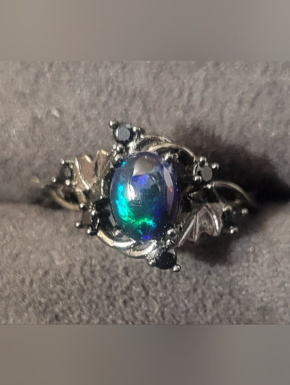 Sterling Silver Gothic Opal Ring with Blue-Green Fire Adjustable